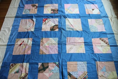 Vtg Handmade Quilt Top Crazy Patch Blocks 77.5x88 Blanket Fabric