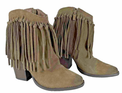 Very Volatile Cupid Fringe Ankle Booties 7.5 Khaki Suede Leather Square Toe Zip