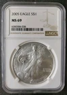 2005 $1 American Silver Eagle Dollar NGC MS69