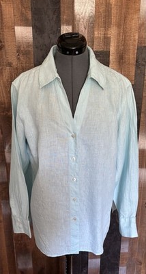 Talbots 18W Light Blue Irish Linen Button Up Shirt V-Neck Long Sleeve