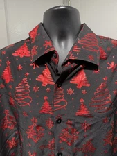 Barry Wang Men’s XL Button Up Shirt Black Red Christmas Tree Holiday Snow EUC