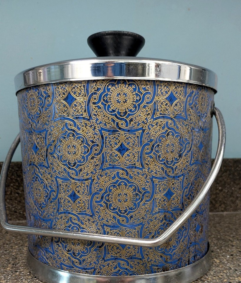 Vintage 1960s Ice Bucket Blue Gold Ornate Vinyl Chrome Lid 8in