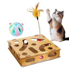 TMKCW Interactive Wooden Cat Toy Box with Balls  Teaser Wand - wood brown