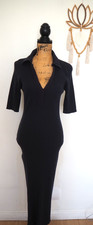 French Connection Navy Blue Ribbed Knit Long Pencil Dress XL V Neck Short Sleeve