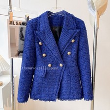 Womens Slim Fit Jacket Tweed Double Breasted Dark Blue Blazer with Gold Buttons