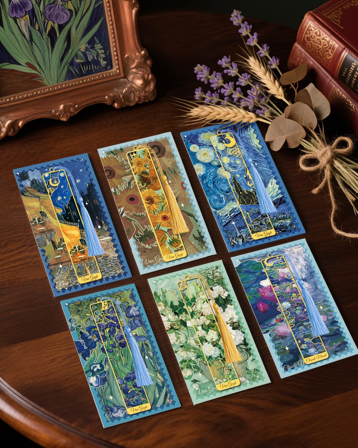 6 Pieces Metal Bookmarks with Tassel, Golden Hollow Bookmark Oil Painting Van... thumbnail 4