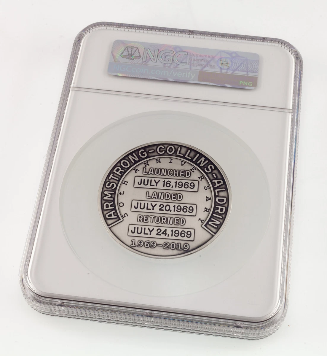 2019 Apolo 11 50th Aniversario Robbins Medalla Con 5 OZ NGC MS70 Fdoi W/ Caja