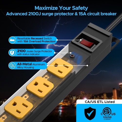 Heavy Duty Power Strip 8 Outlets 1875W 15AMP Metal Housing 6 Feet Cord Black - Picture 2 of 8