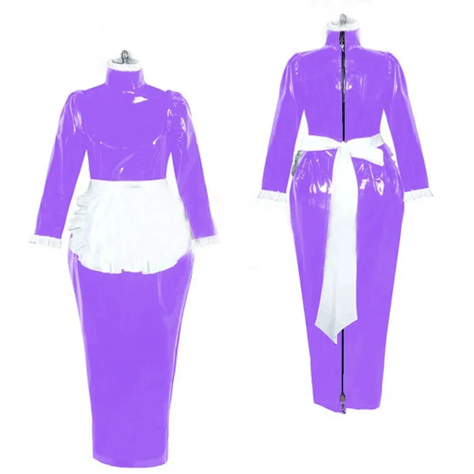 Long Sleeve Ankle-length Hobble Dress Vinyl PVC Leather Maid Uniform with Apron - Image 4 of 4