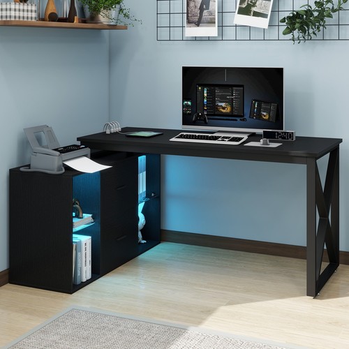 Dextrus L Shaped Desk with LED Light & Power Outlets, 55 inch Desk - Picture 7 of 12