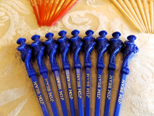 29 JACK DANIELS WHISKEY RED / WHITE / BLUE FIGURAL SWIZZLE STICKS W/ MCM HOLDER - Picture 4 of 14