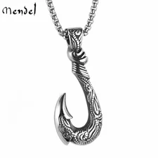 MENDEL Mens Hawaiian Fishing Fish Hook Pendant Necklace Stainless Steel Jewelry