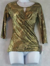 INC International Concepts 3/4 Sleeve Petite Surplice Keyhole Top, Gold Paisley