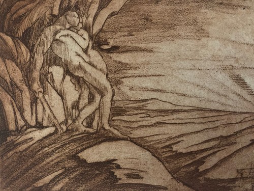 Belle Gravure Sur Bois Sépia Signé Art À Identifier 1950 Monstre Préhistoire