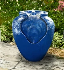 Outdoor Indoor Cascading BLUE Vase Sculptural Floor Fountain Bird Bath Garden