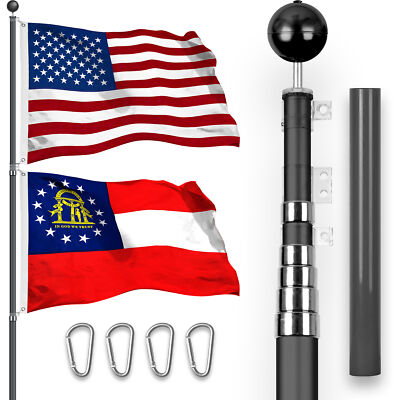 20 Ft Telescoping Flagpole Black & American and Georgia Flags Spun 3x5 Ft