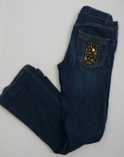 CACHE Women's Medium Wash Brass Tone Jeweled Boot Leg 5 Pocket Jean Sz 2