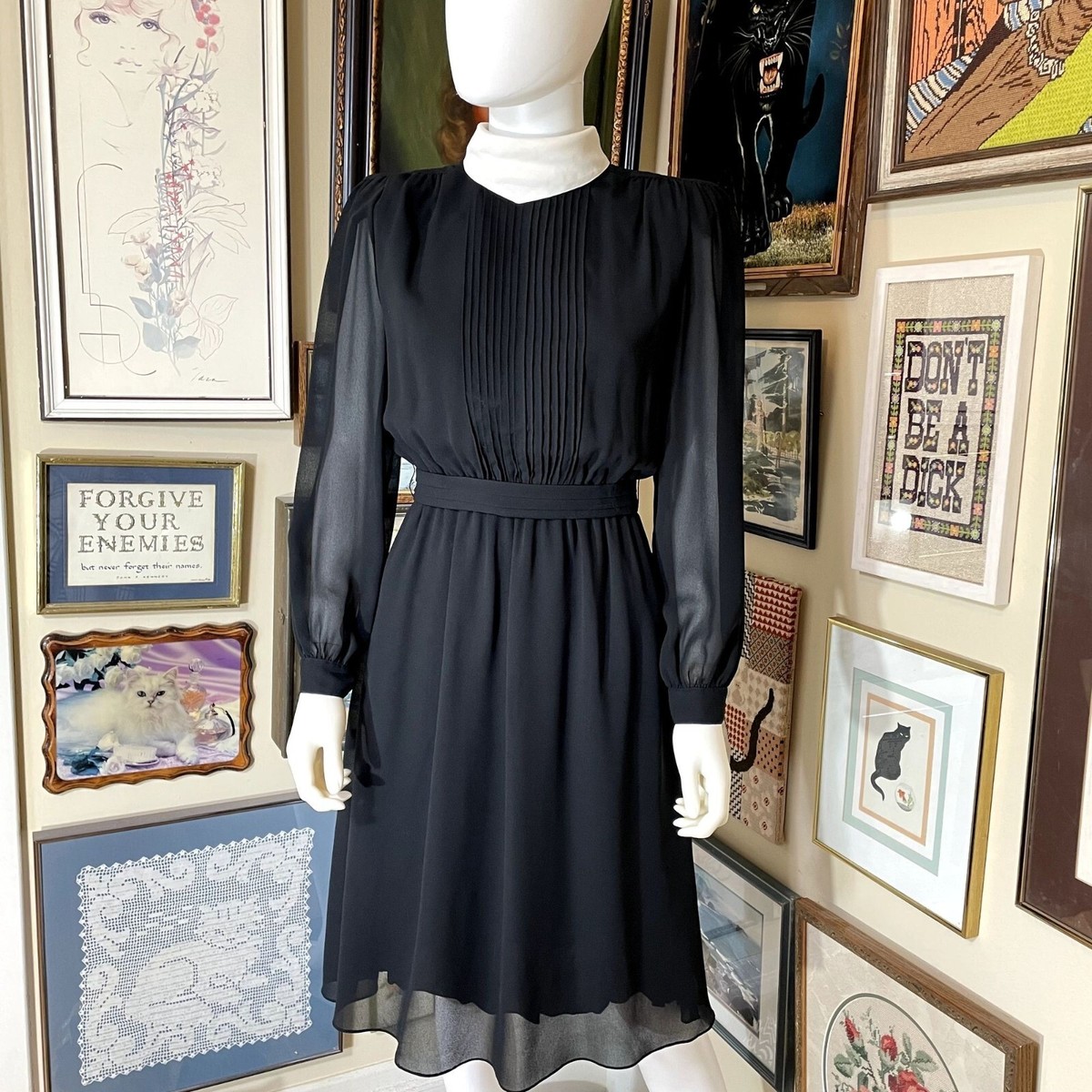 70s Vintage Pierre Cardin Boutique Black Crepe Midi Dress with Collar and  Belt 8 | eBay