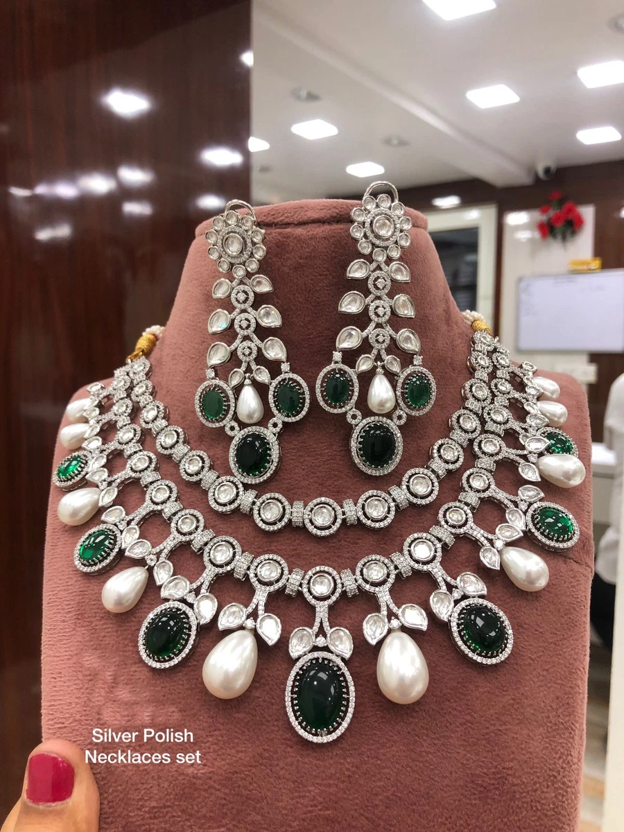 Indian Silver Plated Bollywood Style Kundan Necklace Earring Emerald Jewelry  Set