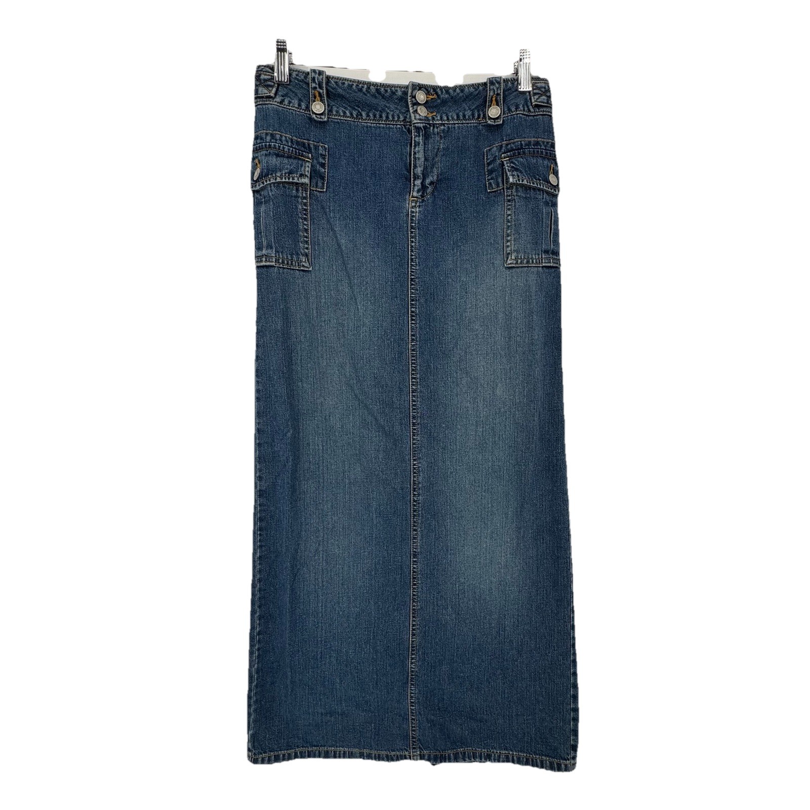 Old Navy Womens Size 2 Y2K Denim Maxi Skirt Cargo Patch Pockets Blue Jean Midi