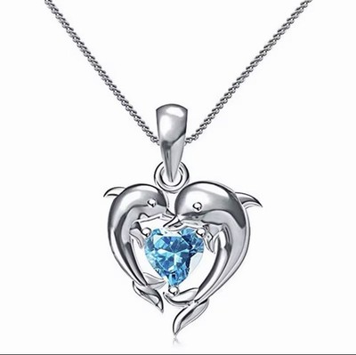 Silver Dolphin Heart Pendant Necklace Blue Gemstone Sea & Love Theme