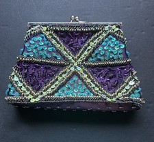 Vtg Beaded Clutch Purse Purple Teal Black Green 8x5 Approx 48 Chain Strap