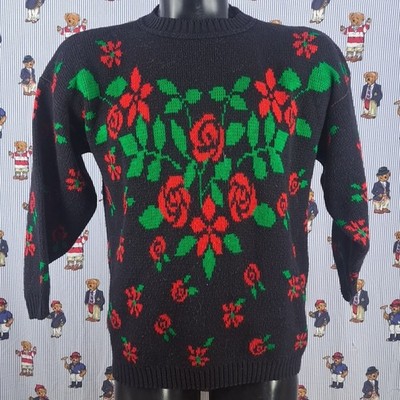 Vintage G.F.C. New York chunky knit black w red roses med Women's sweater