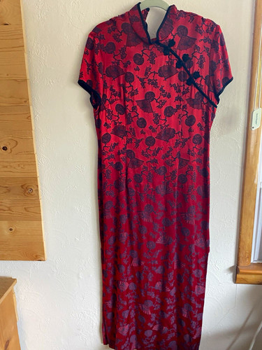 90’s Positive Attitude Red/Black Floral Satin Rayon Cheongsam Dress 14 Side Slit