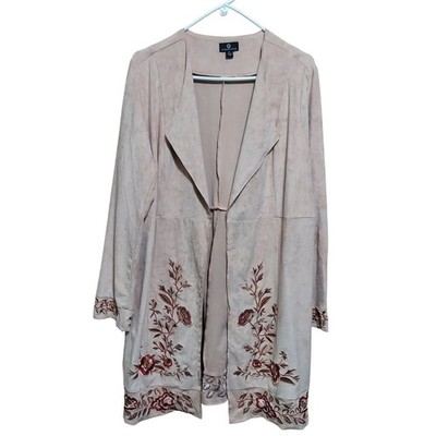 Curations Womens M Faux Suede Embroidered Floral Duster Jacket Pink Blush Kimono