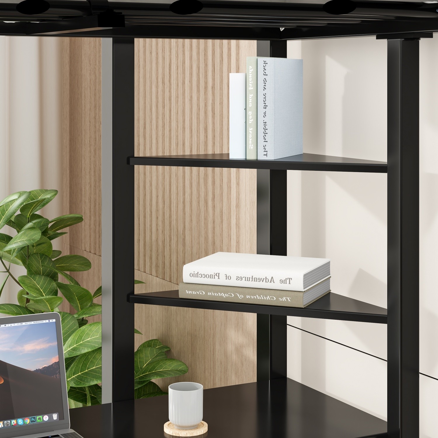 Twin/Full Size Metal Loft Bed Frame with Desk & Storage Shelves for Teens Black