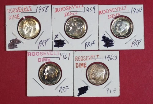 LOT CONTAINING 5 SILVER PROOF ROOSEVELT DIMES B/W 1958-1963
