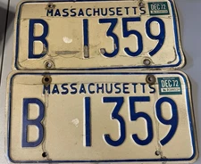Massachusetts License Plate Pair Vintage 1972 Blue Plates MA Mass B1359 Set