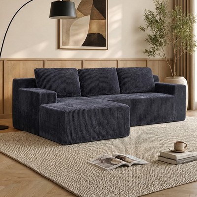 96'' Corduroy Modular Sectional Sofa Grey L-Shape Couch No Assembly Left Chaise