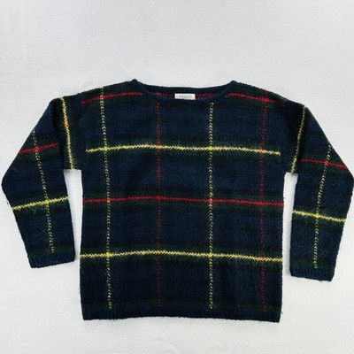 Vintage Jones New York Sport Sweater Womens Medium Navy Plaid Mohair Blend Fuzzy