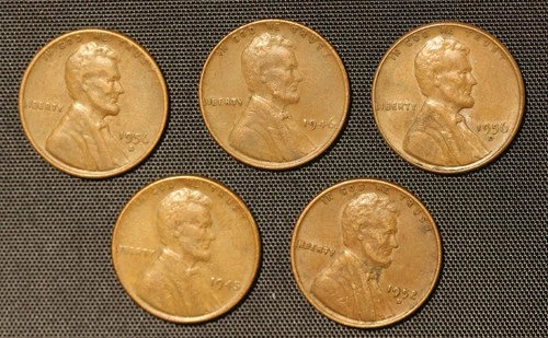 Lot Of 5 Lincoln Wheat Cents - 1945, 1946. 1952D, 1956D, 1956D - F - VF