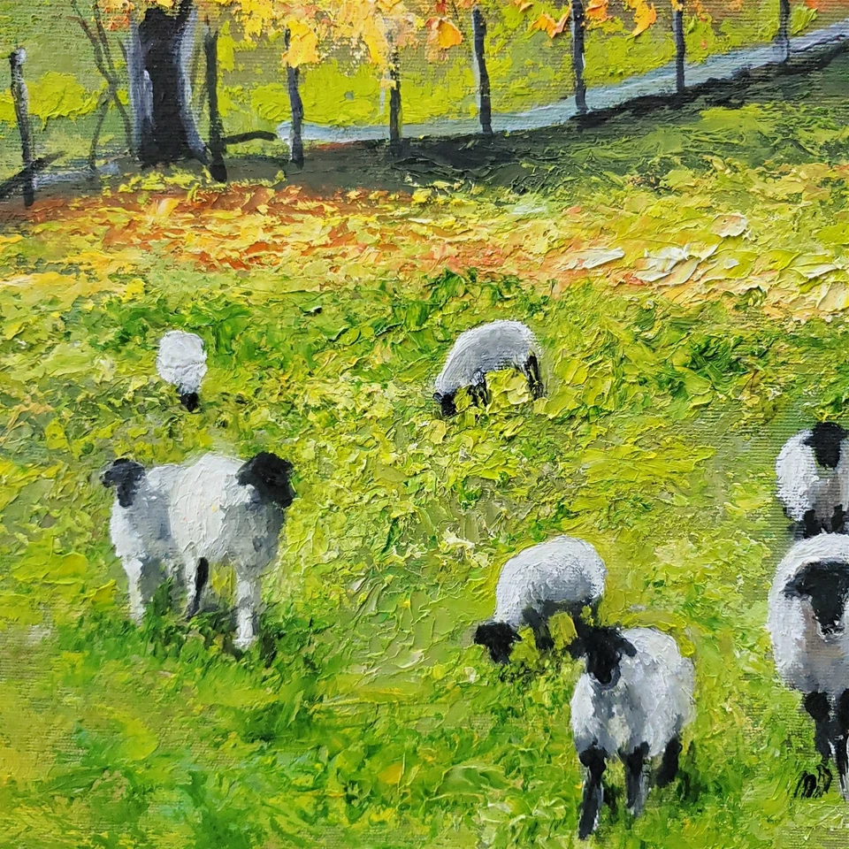 YARY DLUHOS Otoño Árbol Otoño Paisaje Prado Ovejas Arte Original Pintura al Óleo Foto 3 de 4