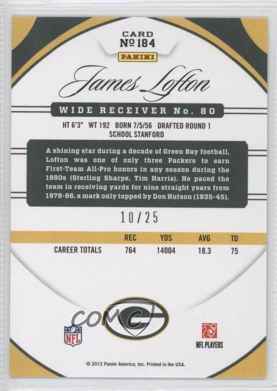 2012 Certified Immortals Mirror Gold /25 James Lofton #184 HOF - Image 2 of 2