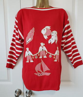 Vintage Amelia Austin Women's SZ L Sailor Fish Sea Red Embroidered Knit Sweater
