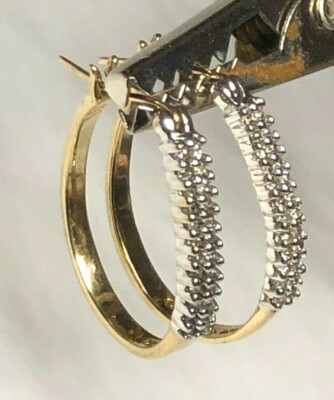 Diamant Creolen Stil ovale Ohrringe 10K massiv Gelbgold 3,8g, je 24 Diamanten