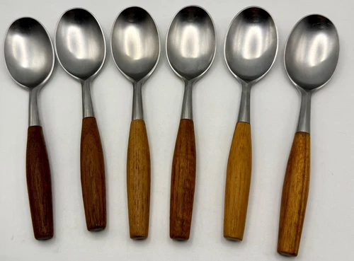 6 Vtg Dansk Design FJORD IHQ Germany Teak Handle Table Soup Spoons