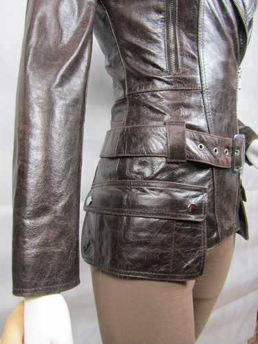 Damen Braun Glasur Leder Slim Tight Fitted Biker Jacke Fahrrad - Bild 11 von 12