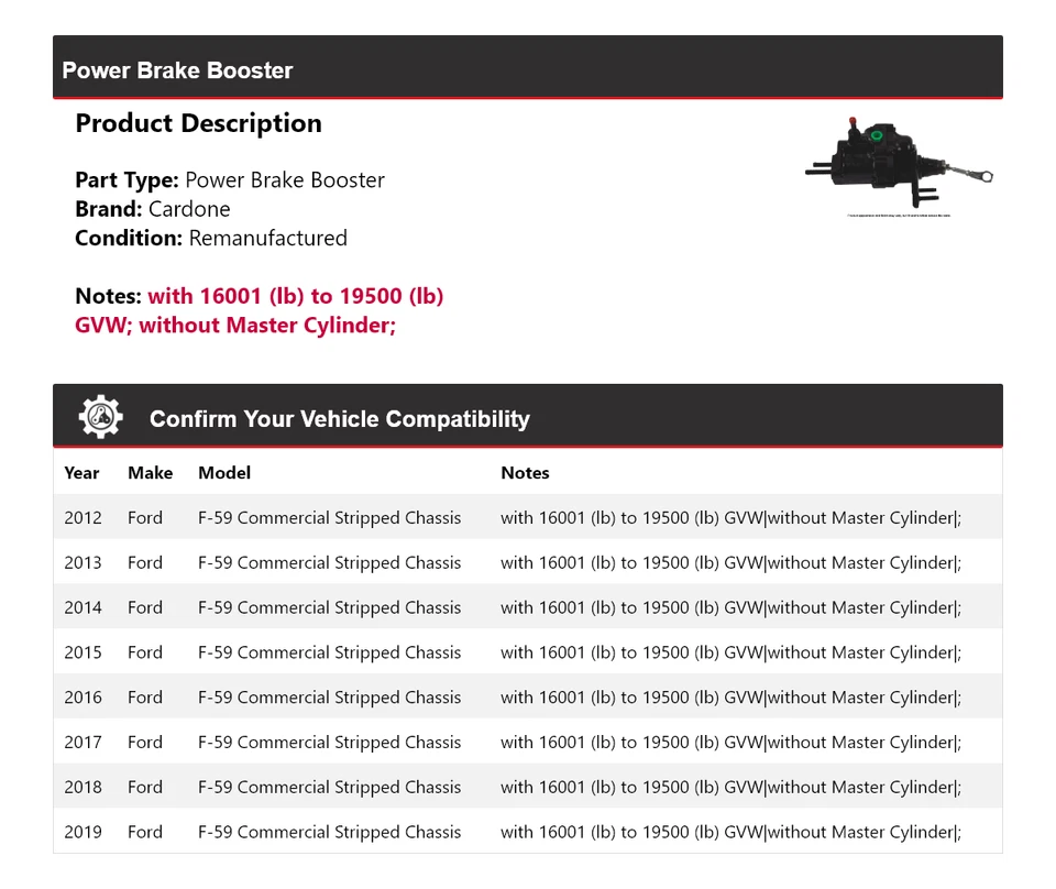 Para Ford F-59 2012-2019 comercial chasis despojado freno eléctrico refuerzo cardone Foto 2 de 4