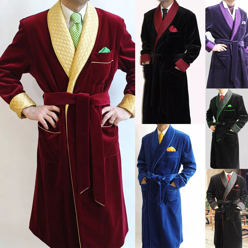 Velvet Quilted Robe for Men Vintage Smoking Dressing Gown Long