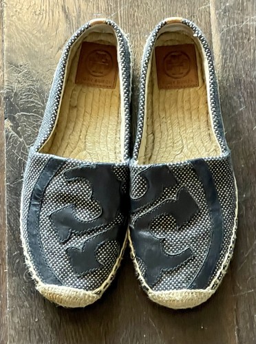 Tory Burch Woven Leather Double-T Logo Slip On Espadrille Flats 6.5/7 Sneakers | eBay