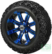 (4) Golf Cart 23x10-14 Black Trail A/T Tires on 14x7 Black/Blue Tempest Wheels