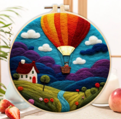 DIY Needle Felting Kit with frame, Hot Air Balloon, Craft Gift