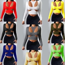 Women’s 2 Piece Sexy Criss Cross Cut Out T Shirts Slim Fit Long Sleeve Crop Tops