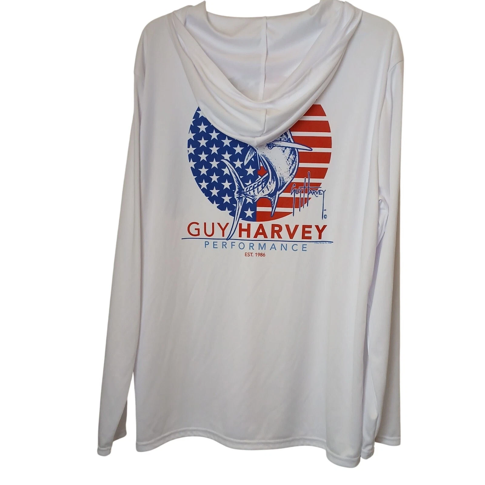Guy Harvey Large Bright White Hoodie American Flag Marlin LS Fishing Shirt #D-37