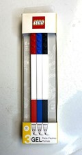 NIB LEGO 3-Pack Gel Pens Brick Design 0.7mm Medium Tip Red/Blue/Black Ink Ages 6