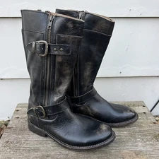 Bed Stu Gogo Lug Moto Boots Black Brown Gold Distressed Leather Side Zip Size 7